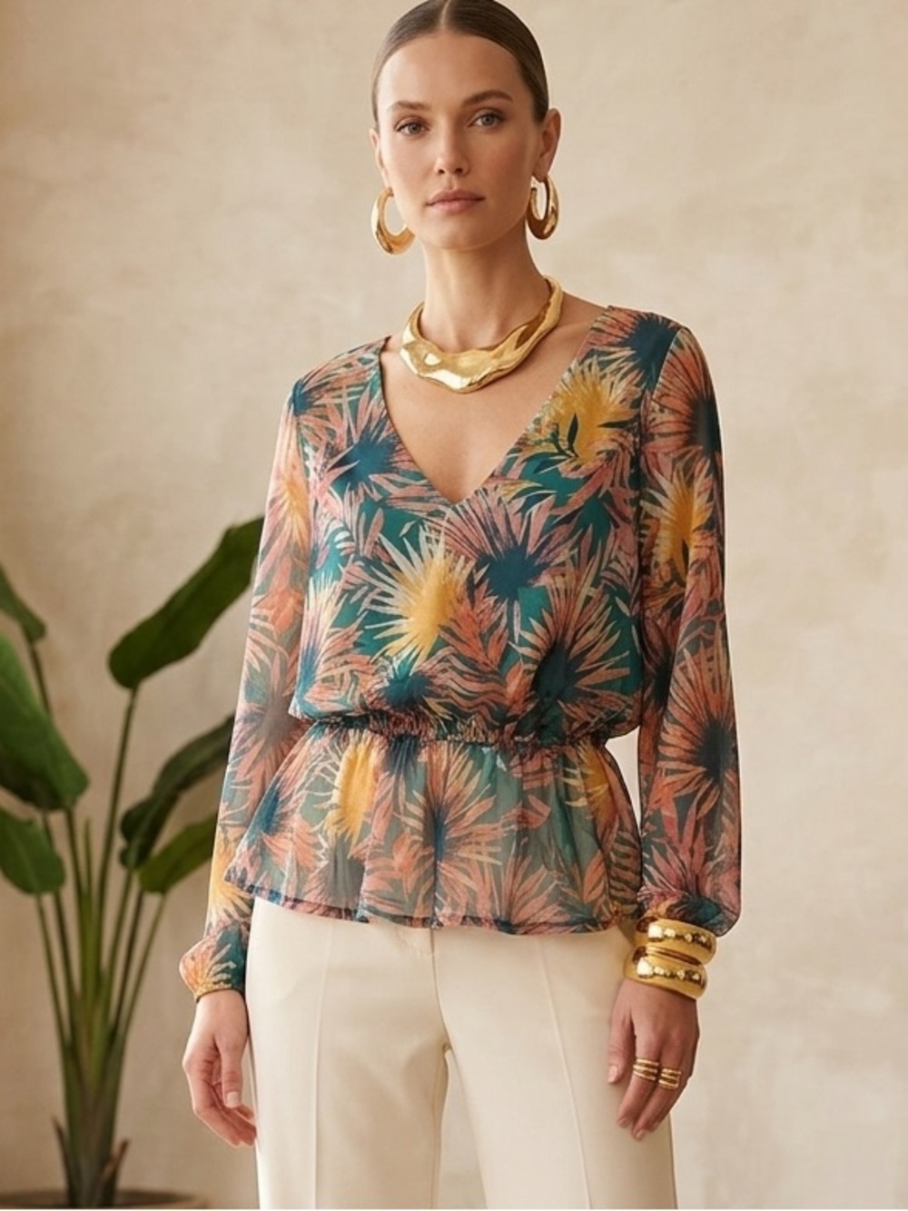 Willow & Root Tropical Mesh Blouse Top Size M Sheer Palm Leaf V-Neck Peplum Boho